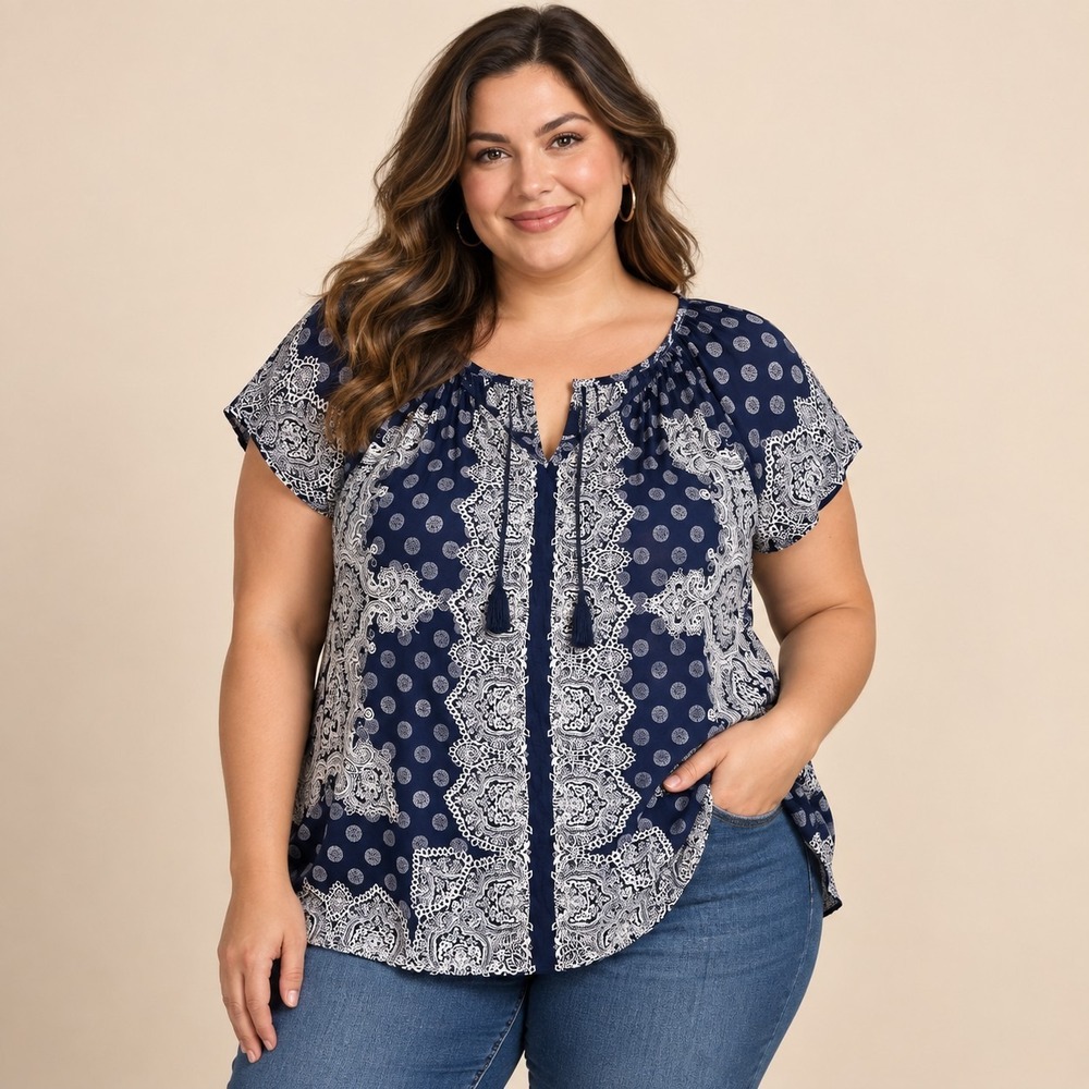 Bila Navy Paisley Peasant Top Women's XXL Coastal Grandma Boho Chic Indie Folk